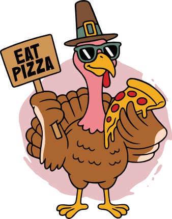 Turkey Holding a Pizza Slice and Sign 'eat pizza' Free SVG File for Members – Thanksgiving SVG