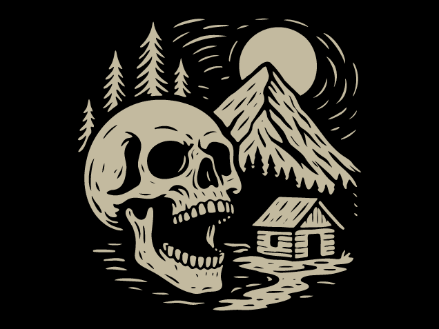 Skull, Cabin, Trees and Mountain Free SVG File – Spooky Moonlit Scene sticker