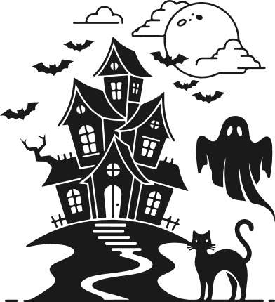 Haunted House, bats, cat, ghost silhouette Free SVG File for Members – Halloween Clipart