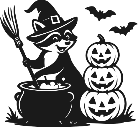 Witch Raccoon Stirring Cauldron with broom, pumpkins Free SVG File for Members – Halloween sticker