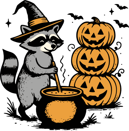 Witch Raccoon Stirring Cauldron, pumpkins Free SVG File for Members – Halloween sticker