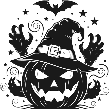 Scary Pumpkin with witch hat and hand silhouette Free SVG File – Halloween clipart