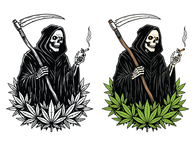 Skeleton smoking with Scythe, Weed Leaves Free SVG File for Members – Grim Reaper clipart