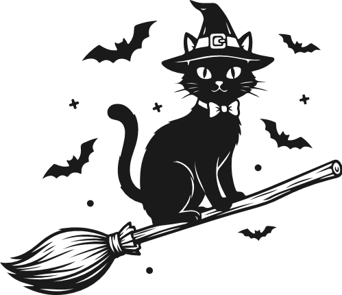 Witchy Cat flying on broom and bat silhouette Free SVG File for Members – Halloween Cat Clipart