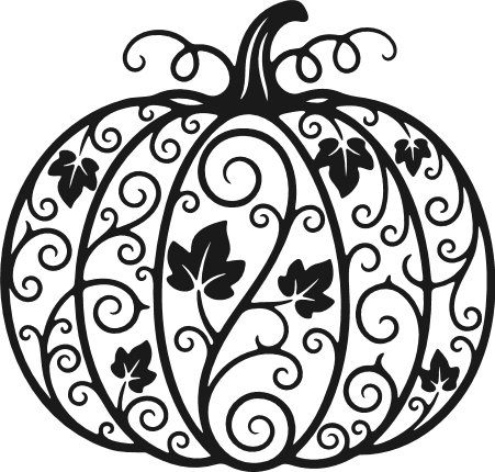 Decorative pumpkin with swirling vine and leaves Free SVG File for Members – fall clipart