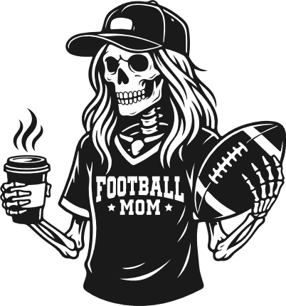 Football Mom, cool skeleton with cap, coffee and ball Free SVG File for Members – Halloween Sports Design