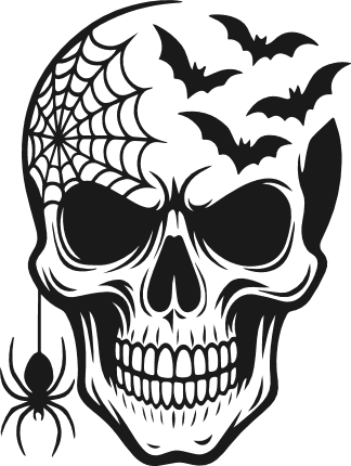 Spider Web Skull with hanging spider, bats Free SVG File for Members – Halloween Skull clipart