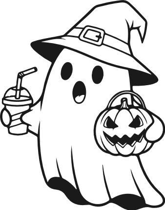 Cute ghost with witch hat, drink and pumpkin bucket Free SVG File – Halloween ghost clipart