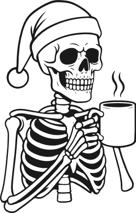 Skeleton wearing a Santa hat, drinking coffee Free SVG File for Members – winter skeleton clipart