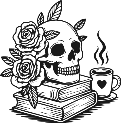 Floral Skull resting on stacked books, beside a coffee cup Free SVG File for Members – books clipart