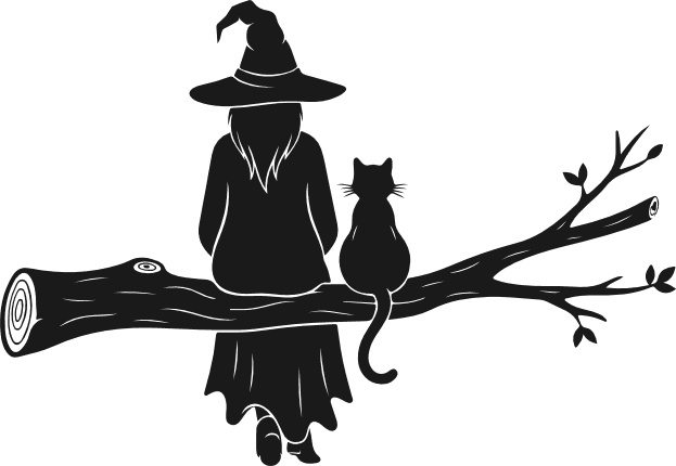 Witchy Woman sitting on tree branch with cat silhouette Free SVG File – Halloween Witch clipart