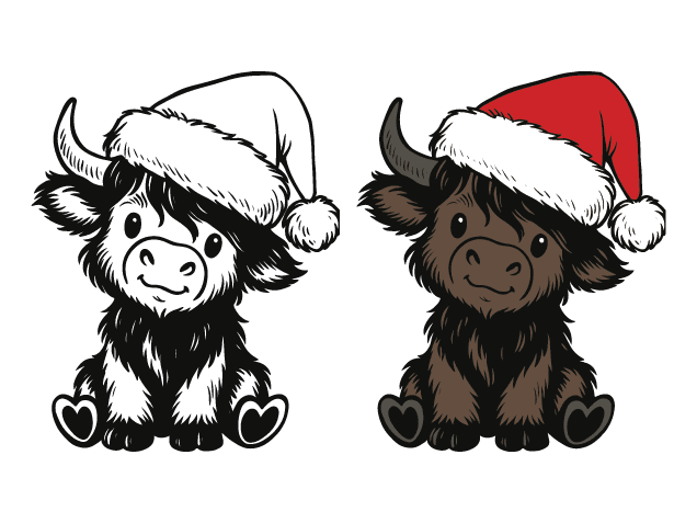 Adorable Highland Cow wearing a Santa hat Free SVG File for Members – Christmas Farm Animal clipart