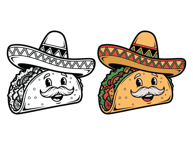 Smiling Taco with mustache and sombrero hat Free SVG File for Members – Mexican taco clipart