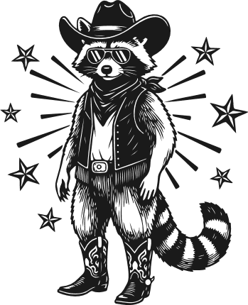 Cowboy Raccoon with hat, sunglasses, vest, boots Free SVG File for Members – Western Raccoon Clipart