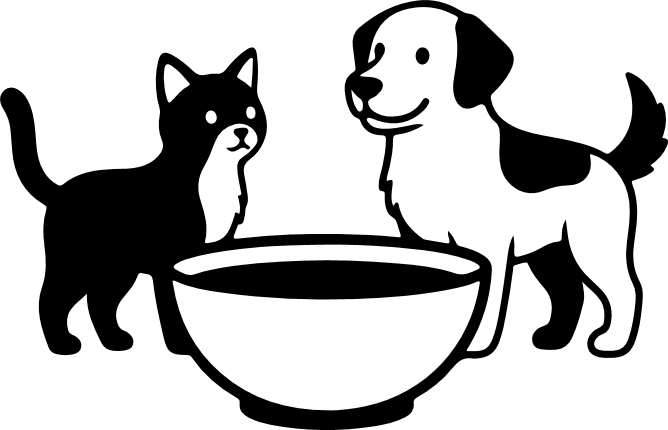 Dog and Cat Standing beside a pet bowl Free SVG File – Adorable Pet sharing food clipart