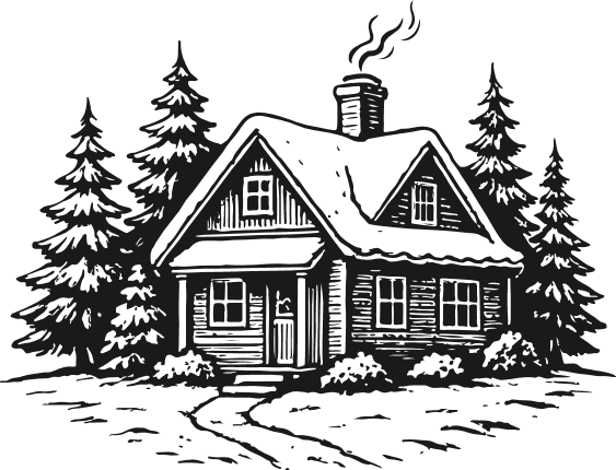 Cozy Winter Cabin with Pine Trees Free SVG File for Members – Snowy Cottage clipart