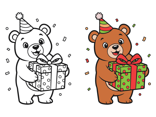 Cute teddy bear with birthday hat and a gift Free SVG File for Members – birthday clipart