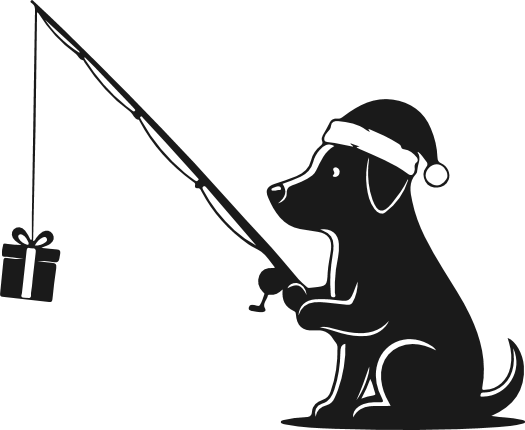 Christmas Dog catching a giftbox with fishing rod silhouette Free SVG File – dog with santa hat clipart