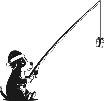 Santa Hat Dog catching a giftbox with fishing rod silhouette Free SVG File – Christmas dog clipart