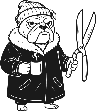 Bulldog in Winter jacket, hat, holding coffee mug and pruning shears Free SVG File – Bulldog clipart