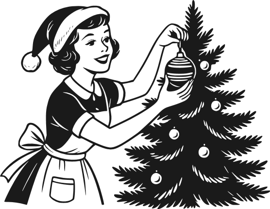 Vintage Housewife Decorating Christmas Tree Free SVG File – Christmas girl clipart