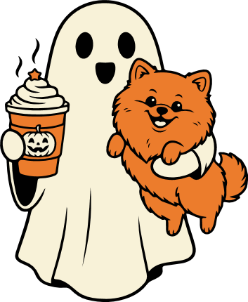 Ghost holding a pumpkin spice latte and a puppy Free SVG File for Members – ghost with dog clipart