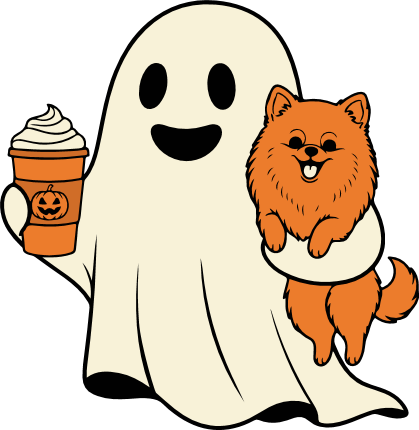 Ghost holding a puppy and a pumpkin coffee Free SVG File for Members – ghost clipart