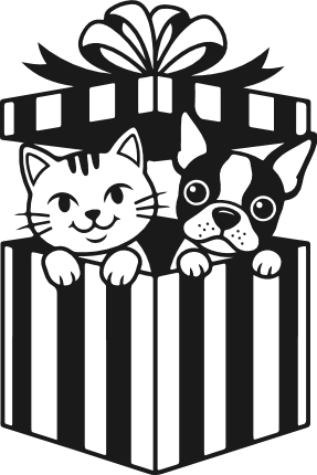 Cute Cat and Boston Terrier Dog in Gift Box Free SVG File – Christmas pet gift box clipart