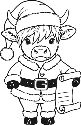 Highland Cow in Santa costume holding scroll Free SVG File – Christmas highland cow clipart
