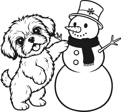 Cute Fluffy Dog playing with snowman Free SVG File – snowman and puppy clipart