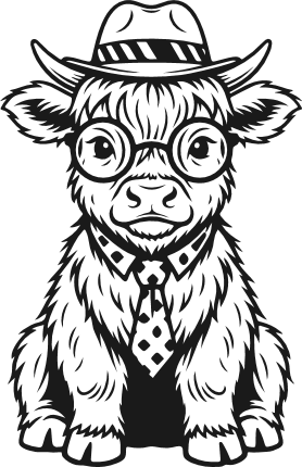 Highland Cow with Hat, Glasses and tie Free SVG File - Hipster cow clipart