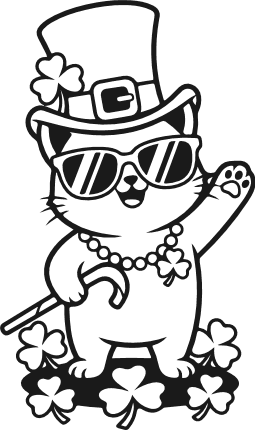 Cute Cartoon Cat with hat, sunglasses and shamrock Free SVG File – St Patrick’s Day cat clipart