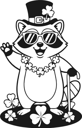 Cute Cartoon Raccoon with hat, sunglasses and shamrock Free SVG File – St. Patrick’s Day Raccoon clipart