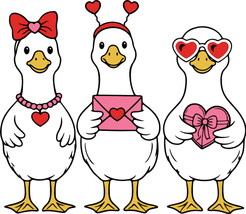 Cute Goose Trio with Hearts and Gifts Free SVG File for Members – Valentine Duck clipart