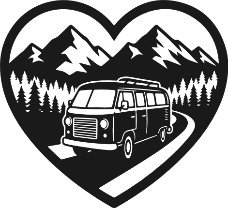 Vintage camper van in mountains in a heart Free SVG File – Camping heart clipart