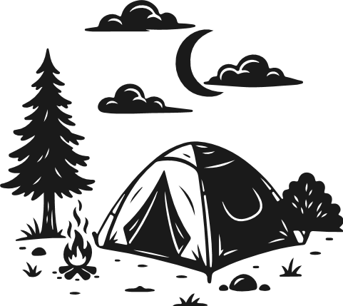 Camping tent scene with campfire, pine tree, moon, and clouds Free SVG File – camping clipart