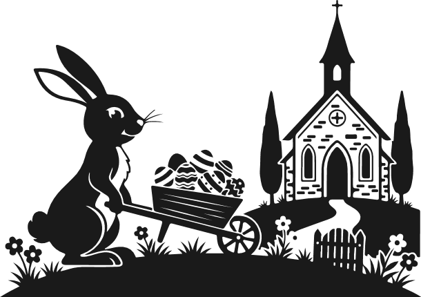 Easter Bunny pushing a wheelbarrow filled with eggs Free SVG File – Church, Easter clipart