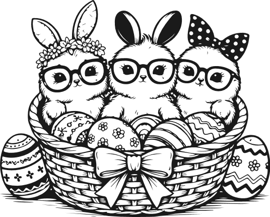 Cute Easter Bunnies and eggs in basket Free SVG File – Easter eggs clipart