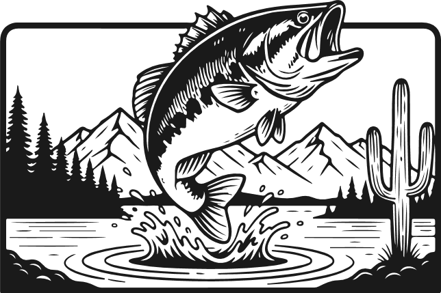 A Large bass fish leaping out of a lake Free SVG File – fishing in scenic landscape clipart