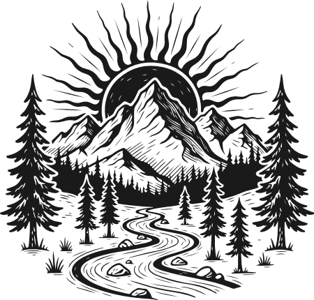 Mountain landscape with pine trees and sunrise Free SVG File for Members – wall art