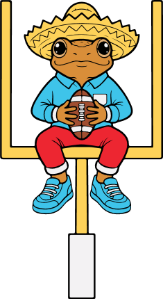 Cartoon frog with football, sitting on a yellow goalpost Free SVG File for Members – football mascot clipart