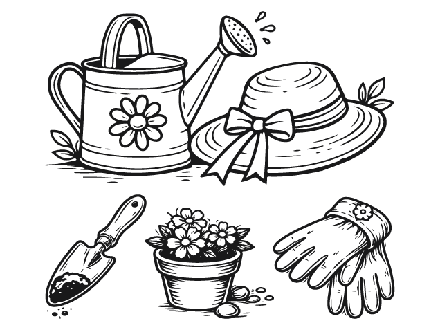 Watering Can, Hat, Gloves, Shovel, Flower Pot Free SVG File Bundle for Members – Gardening Tools clipart