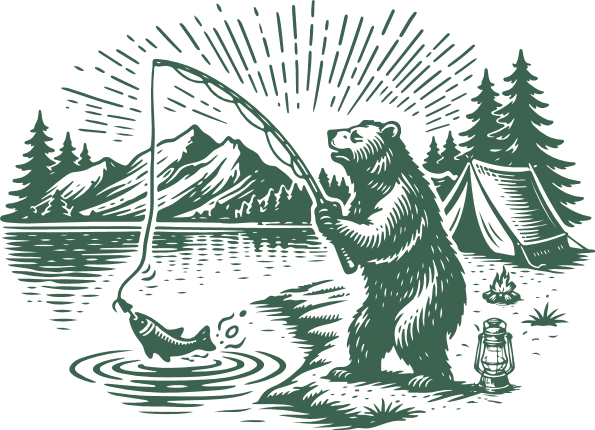 Bear catching a fish, near a camping tent Free SVG File for Members – fishing clipart