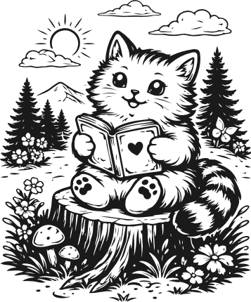 Cute Kitten Reading Book, Sitting on Tree Stump Free SVG File for Members – cat clipart