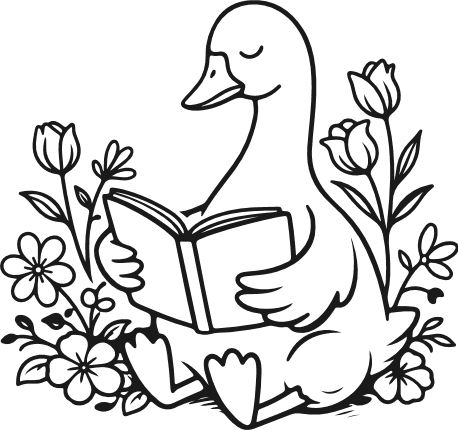 Adorable Duck Reading a book, surrounded by flowers Free SVG File – Reading clipart