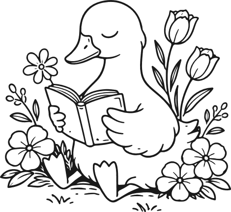 Cute Duck Reading a book, surrounded by flowers Free SVG File – Reading clipart