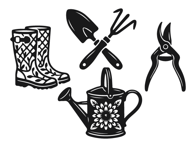 Garden Boots, Watering Can, shovel, rake, pruning shears Free SVG File for Members – Gardening clipart