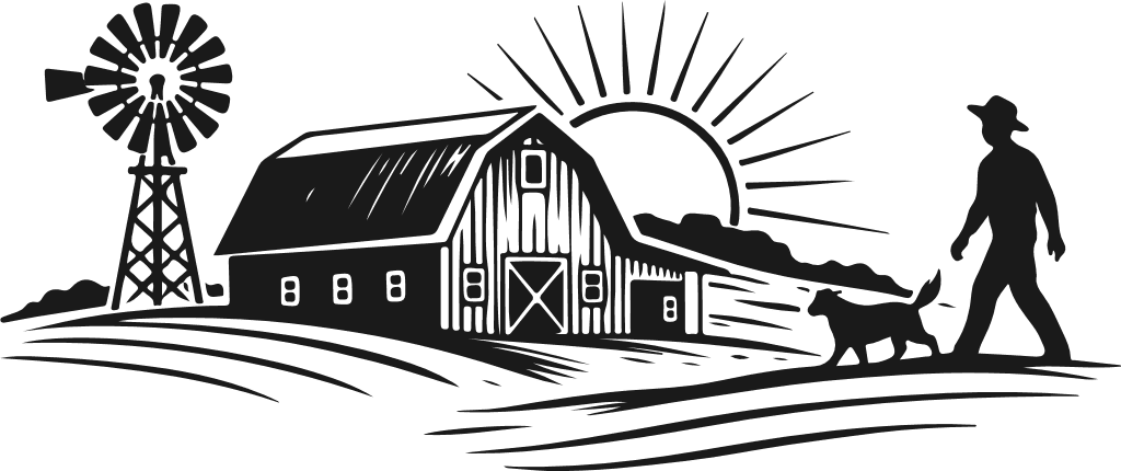 Farm landscape scene, barn, windmill, sunrise, farmer, dog Free SVG File for Members – farmhouse clipart