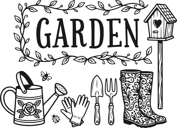 Garden sign, boots, watering can, birdhouse Free SVG File for Members – garden wall sign