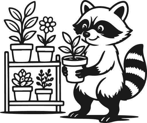 Raccoon Holding Potted Plant with Indoor Garden Shelf Free SVG File for Members – Gardening clipart